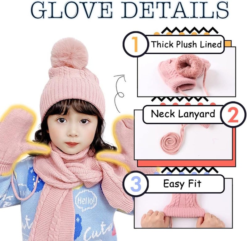 Peecabe Kids Winter Hat Scarf Mittens Set Toddler Knitted Beanie Girls Fleece Children Neck Warmer Boys Warm Gloves 2-7 Years - Image 4